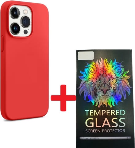 Solid hoesje Soft Touch Liquid Silicone + 1X Screenprotector Tempered Glass - Geschikt voor: iPhone 15 Pro Max - Rood