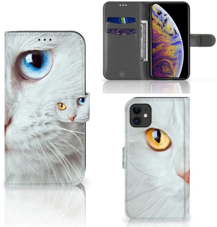 Apple iPhone 11 Telefoonhoesje met Pasjes Witte Kat
