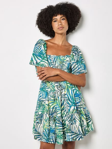 Mini-jurk met palmprint en gesmokt broderie-bovenstuk