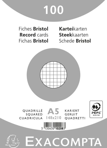 Exacompta 10x Pak 100 steekkaarten bristol in folie - geruit 5x5 niet geperforeerd 148x210mm - Wit - 10208E