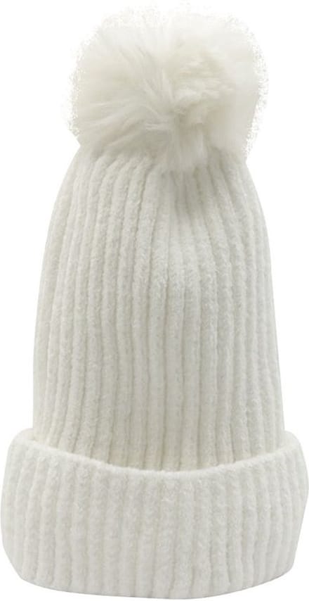 Winter Muts Gewatteerd met Pompon - Wit - One size - 100% Acryl Wol - Lekker zachte en warme Wintermuts