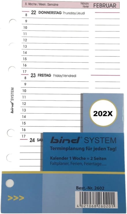 Agenda-Vulling A6 2024 - 1 Week per 2 Pagina's - Universele 6-Ring Perforatie - Compatible met Bind en Standaard Planners - Duits/Engels/Frans