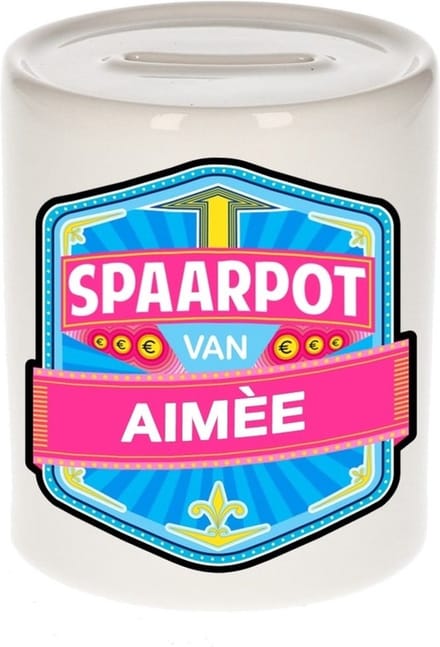 Bellatio Decorations Kinder spaarpot met naam - Aimee - keramiek - met dop - wit - Sparen - Spaargeld van Aimee