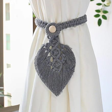 Embrasses de rideaux en macramé faites à la main, 1 pièce, support tressé en forme de feuille, pompon, décoration de maison bohème gris