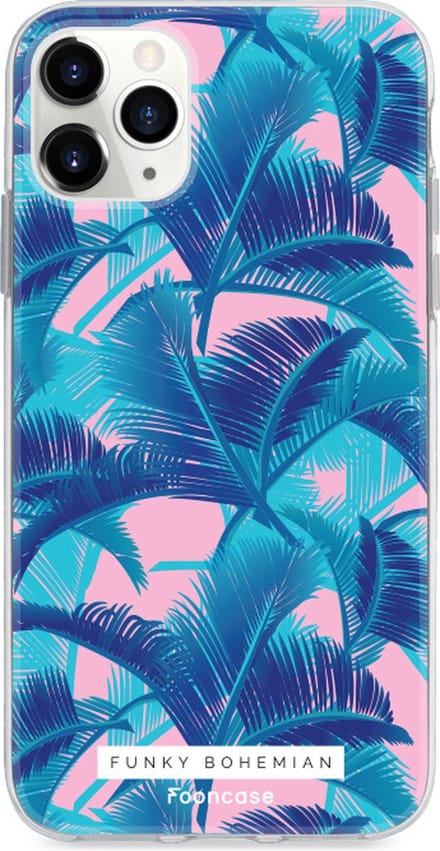 Fooncase Hoesje Geschikt voor iPhone 12 Pro Max - Shockproof Case - Back Cover / Soft Case - Funky Bohemian / Blauw Roze Bladeren