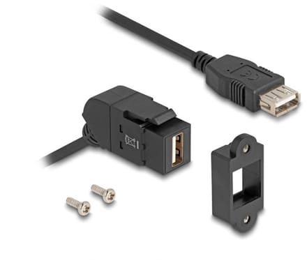 USB-A haaks (45°) Keystone module - USB-A (v) | met inbouwframe | USB2.0 | zwart | 0,30 meter