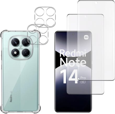 Hoesje geschikt voor Xiaomi Redmi Note 14 Pro 5G backcover Shockproof siliconen Transparant + 2 stuks Screenprotector Gehard Glas + 2 stuks Camera Protector
