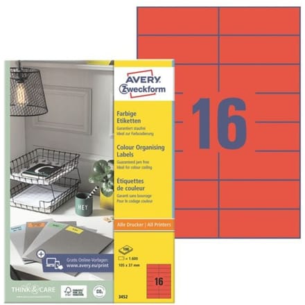 Avery Gekleurde universele etiketten formaat 105 x 37 mm (b x h) 1.600 stuks rood