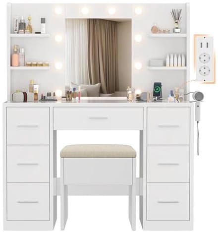 Groot Make-up Tafel met Spiegel en Verlichting - Modern Design met LED Verlichting, Verstelbare Helderheid, 7 Laden en 6 Planken