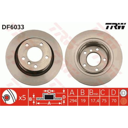 Remschijf TRW DF6033 achter, geventileerd, 1 Stuk
