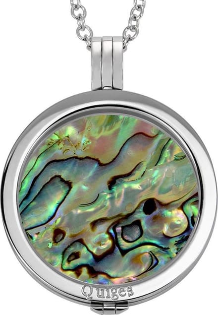 Quiges - Munthouder met Ketting en Munt 33mm Schelp Multi Groen - RVS Zilverkleurig - ERHS144