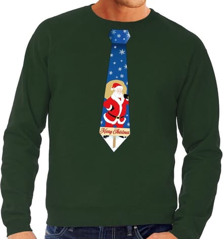Foute kersttrui / sweater stropdas met kerstman print groen voor heren M