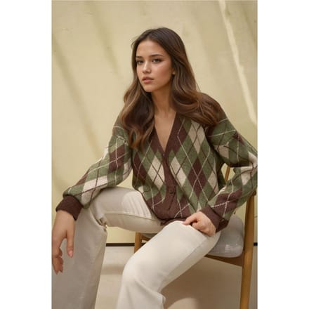 Lange V-hals Geometrische Trui Cardigan met Knopen