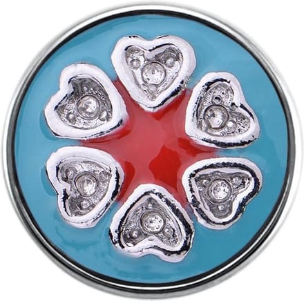 Quiges - Dames Click Button Drukknoop 18mm Hart Blauw met Rood Emaille en Zirkonia - EBCM299