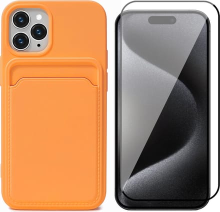 Hoesje Pasjeshouder geschikt voor iPhone 15 Pro - Screenprotector FullGuard - Siliconen Case Back Cover Oranje & Screen Protector