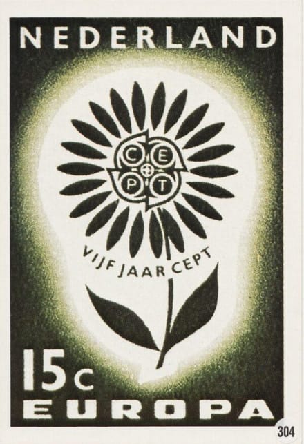 Briefkaart met afbeelding Europa-zegels – 5 jaar C.E.P.T postzegel