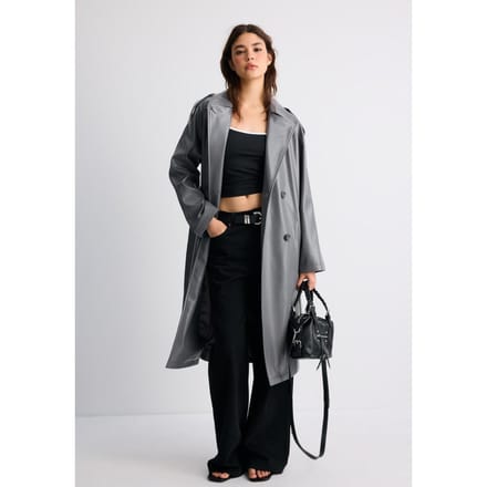 Stradivarius Lange trenchcoat met leereffect  Donkergrijs S