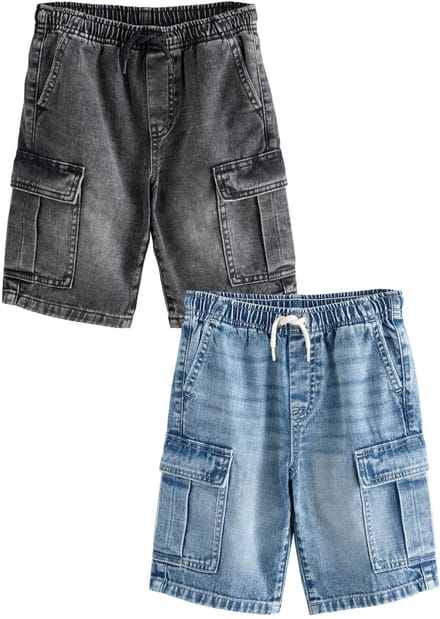 Next - Jongens - Set van 2 denim cargoshorts van 100% katoen - Zwart