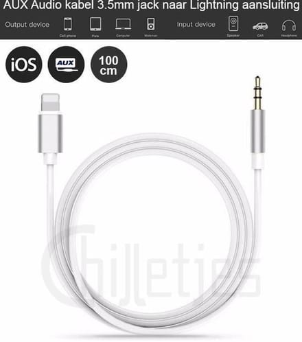 Aux Kabel Auto iPhone - Iphone Aux-kabel auto - iPhone Lightning 3.5 mm - Jack audio aansluiting - (Wit)