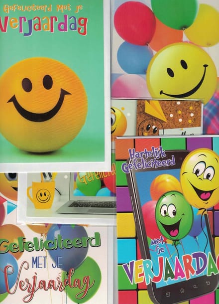 Wenskaarten - Smiley - felicitatie - gefeliciteerd - verjaardag - grappig - set van 5