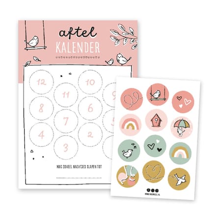 Thuismusje Aftelkalender - Roze - A4 formaat - inclusief 12 stickers