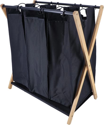 Tendance Wasmand met 3 compartimenten - bamboe hout - zwart - inklapbaar - was sorteren