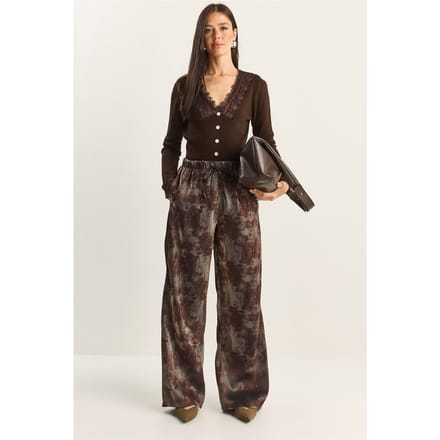 Hoge Taille Wijde Pantalon met Patronen en Binddetails