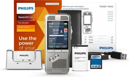 Philips DPM8000/02 PocketMemo Dicteerapparaat - Schuifschakelaar (US) - Accessoire set - SpeechExec Pro Dictate 11- 2 year license