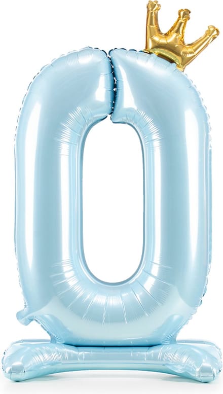 Partydeco - Staande folieballon Cijfer 0 Sky-Blue met kroon 84 cm
