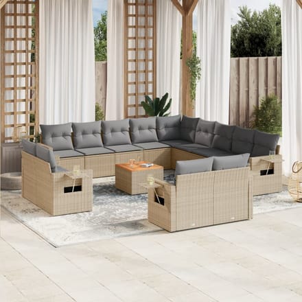 vidaXL - 14-delige - Loungeset - met - kussens - poly - rattan - beige