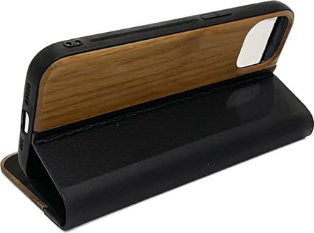 Houten design flip case, iPhone 13 pro max– Noten met zwart leer