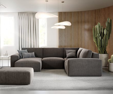 Woonlandschap Lanzo microvezel khakibruin 300x210 cm met variabele recamière en hocker