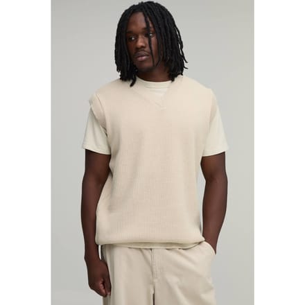 Lang Relaxed Geribbeld Gebreid Vest Met V-hals | Ecru | Size XL