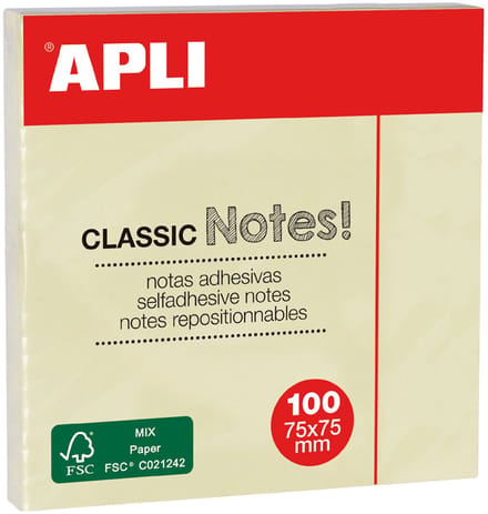 APLI zelfklevende memo's 'CLASSIC Notes!', 75 x 75 mm, geel