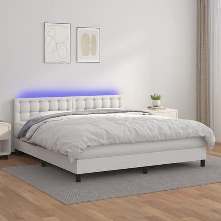 vidaXL - Boxspring - met - matras - en - LED - kunstleer - wit - 160x200 - cm