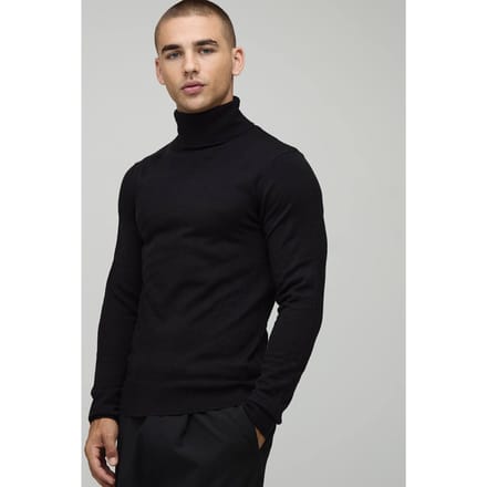 Essential Muscle Fit Roll Neck Knitted Jumper | Black | Size Medium