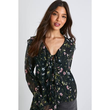 boohoo Dames Florale chiffon blouse met ruches | Black | Maat: 6