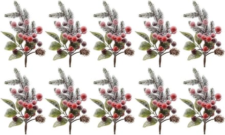 10x Kerststukje stekertjes met bessen en sneeuw groen/rood 20 cm