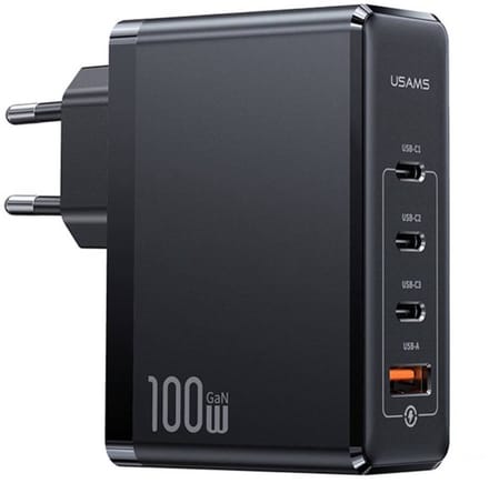 USAMS Oplader 3 USB-C / 1 USB-A 100W GaN PD 3.0 Ultra Snel - Zwart