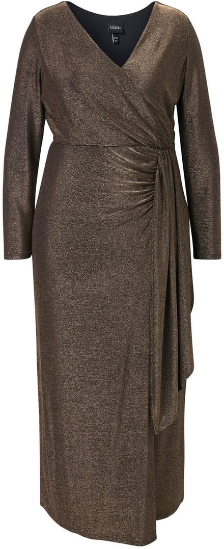 Ulla Popken - Dames - Maxi-jurk glitter wikkellook V-hals lange mouw - Goud - Maat 56