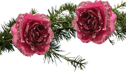 Kerstboomversiering Bloem - 2x - 15 cm - roze - glitter - op clip - ornament - kerst - kerstster