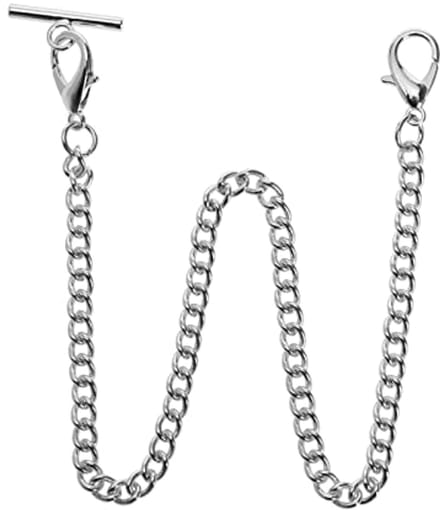 Classic Pocket Watch Chain with T Bar & Lobster Clasp - Silver 14 Inch