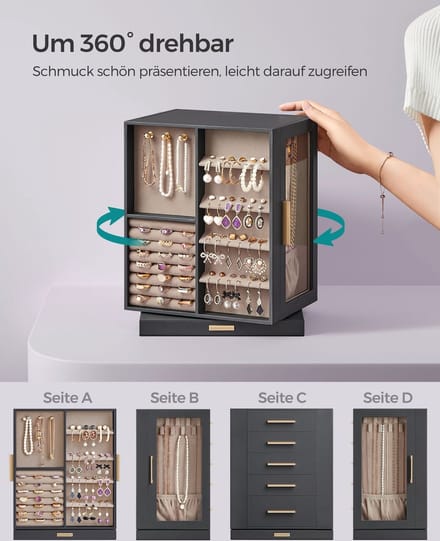 Sieradendoos – Draaibaar 360° – Ruim – Cadeau-idee – Leigrijs