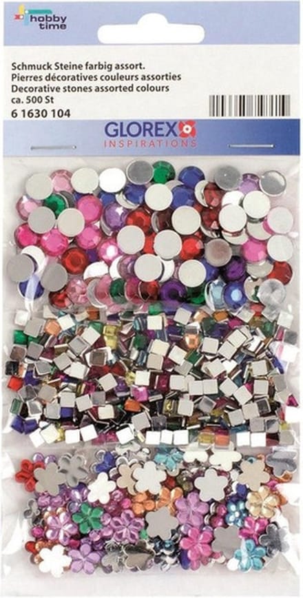 Glorex Plak - strass steentjes - 500x - gekleurd - rond, vierkant en bloem - plaksteentjes