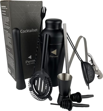 Perow - Cocktail Set - 12 Delig - Cocktail Shaker 600ml - Mat Zwart