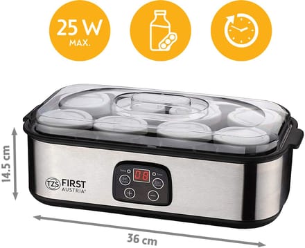 TZS First Austria Yoghurtmaker - 25W - Timer - Inclusief 8x180ml glazen potjes - Zilver