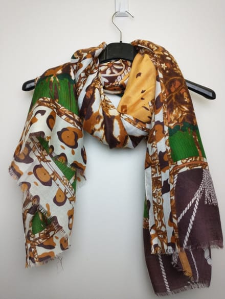 Lange dames sjaal Caroline groen bruin roestbruin wit