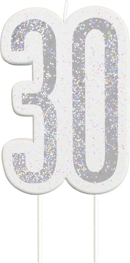 Kaars 30 Jaar Glitter Zilver 8,5cm