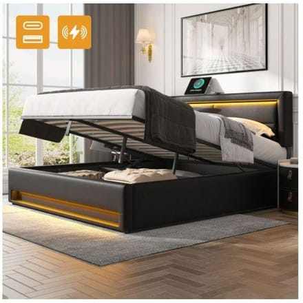 Lit rembourré - MUVOE - 140x190 cm - USB - Éclairage LED - Rangement sous le lit noir