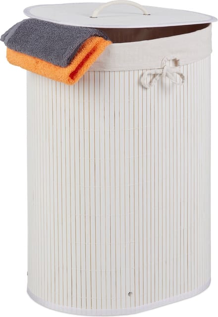 wasmand bamboe - 46 l - ovaal - opvouwbaar - met deksel en waszak - wit